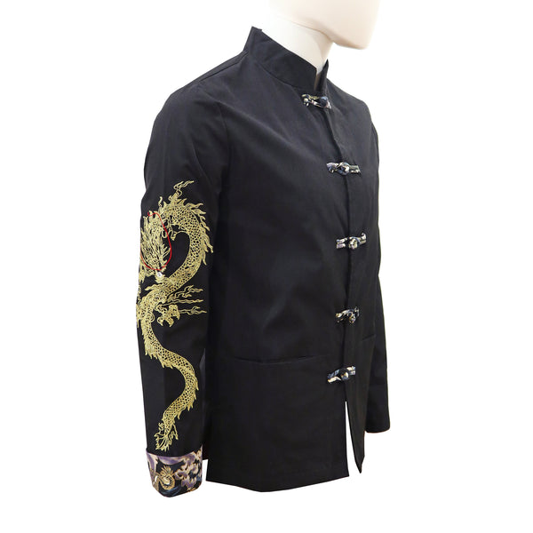 Tang Jacket with Pankou Buttons, Dragon Design Sleeve, and Brocade Cuffs - Onyx