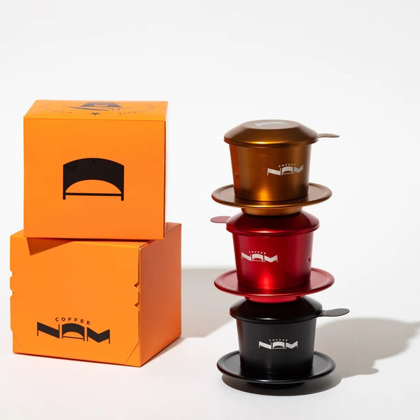 Nam Coffee 8 oz Phin Filter in 3 colors - copper, red, and black