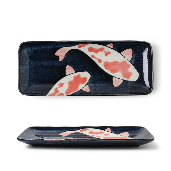 Ceramic tray with Koi fish design on a white background
