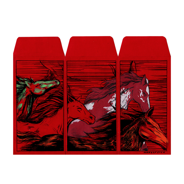 Three red envelopes with horse illustrations on a white background