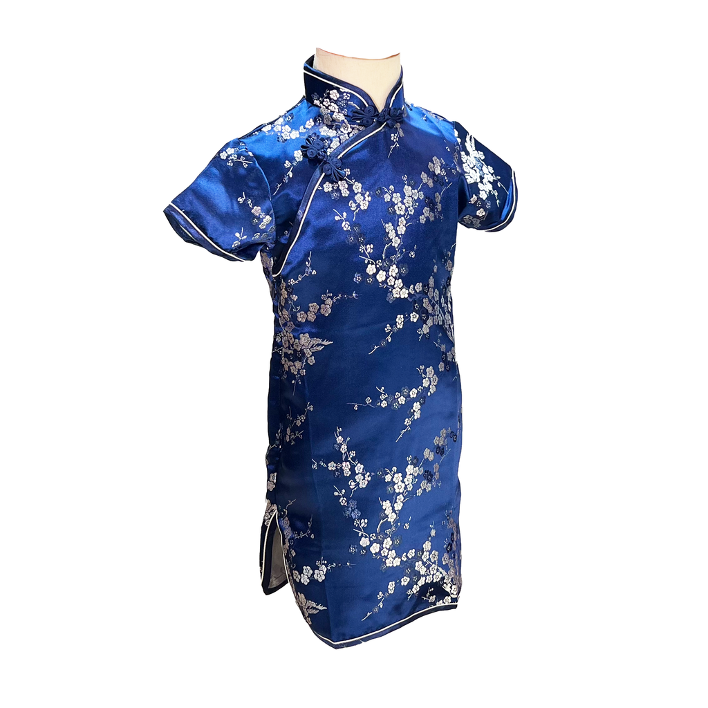 Navy Blossom Short Sleeve Brocade Girls Dress