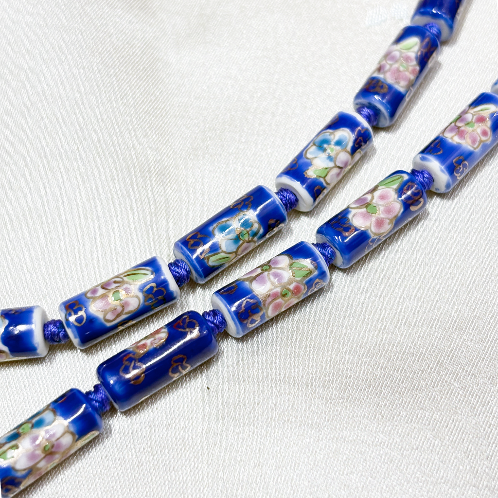 Tube-Shaped Cloisonne-Design Porcelain Necklace with Lotus Pattern (Various Colors)