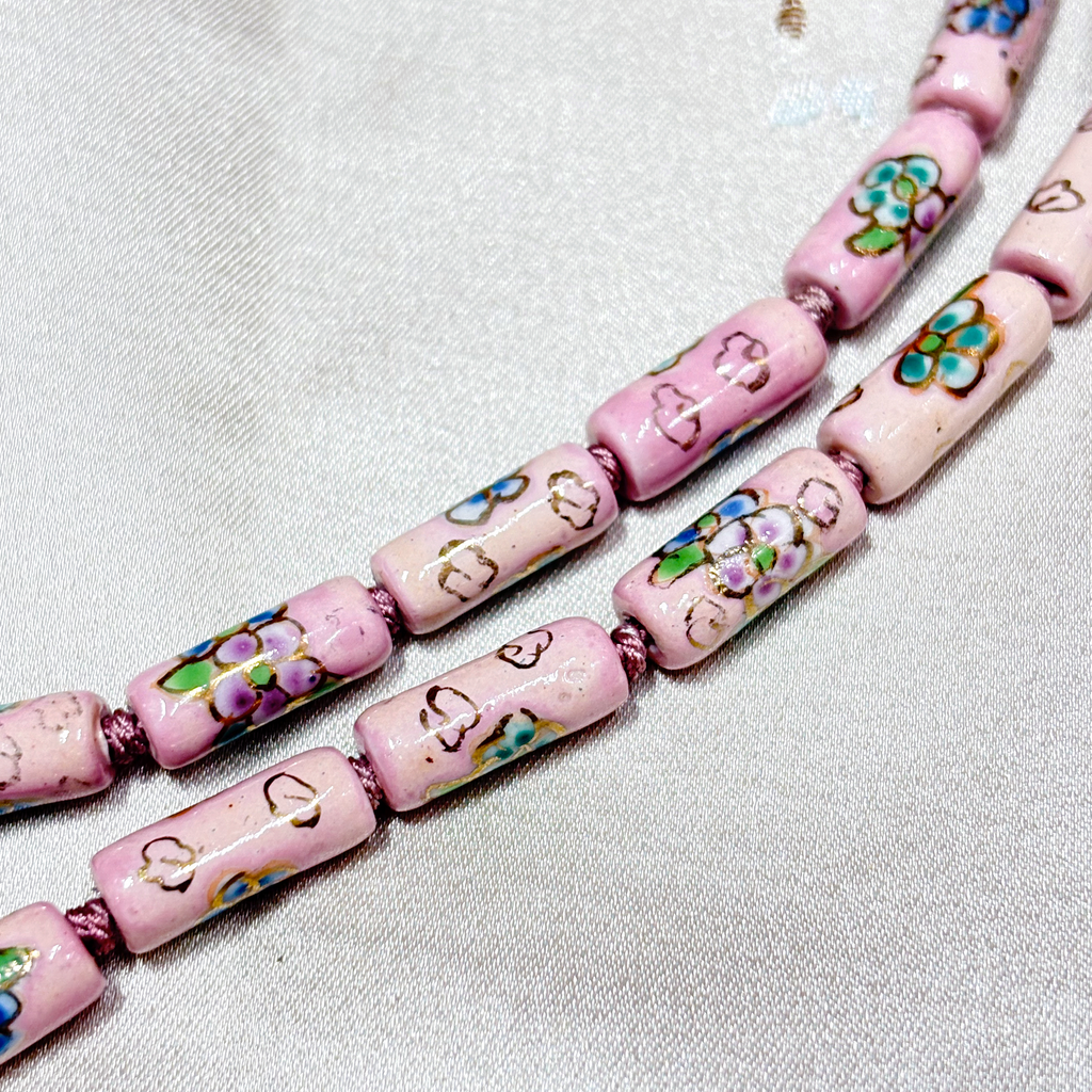Tube-Shaped Cloisonne-Design Porcelain Necklace with Lotus Pattern (Various Colors)