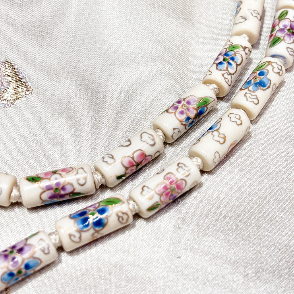 Tube-Shaped Cloisonne-Design Porcelain Necklace with Lotus Pattern (Various Colors)
