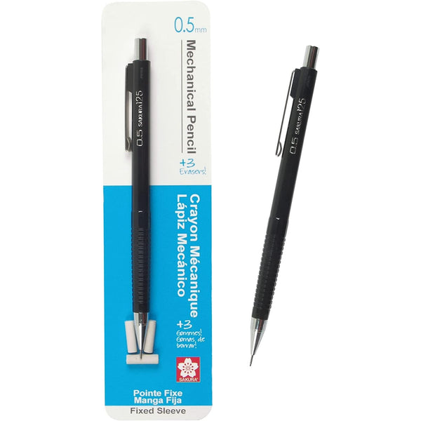Sakura Mechanical Pencil 0.5mm with 3 Erasers in its original packaging and one sample mechanical pencil outside of its packaging.