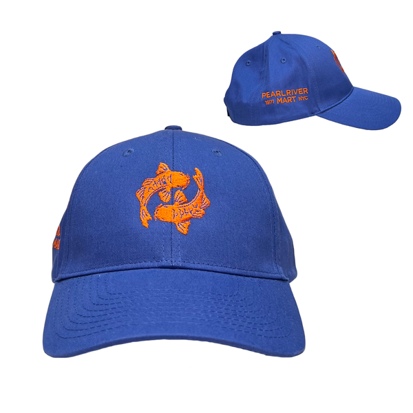 A royal blue baseball cap shown from the front and side on a plain white background. The front features an orange embroidered fish design, and the side view shows orange text reading 'PEARL-RIVER WATERSPORTS, INC.
