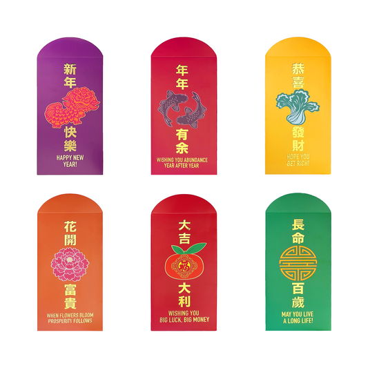 Set of six colorful envelopes with Chinese text and symbols on a white background