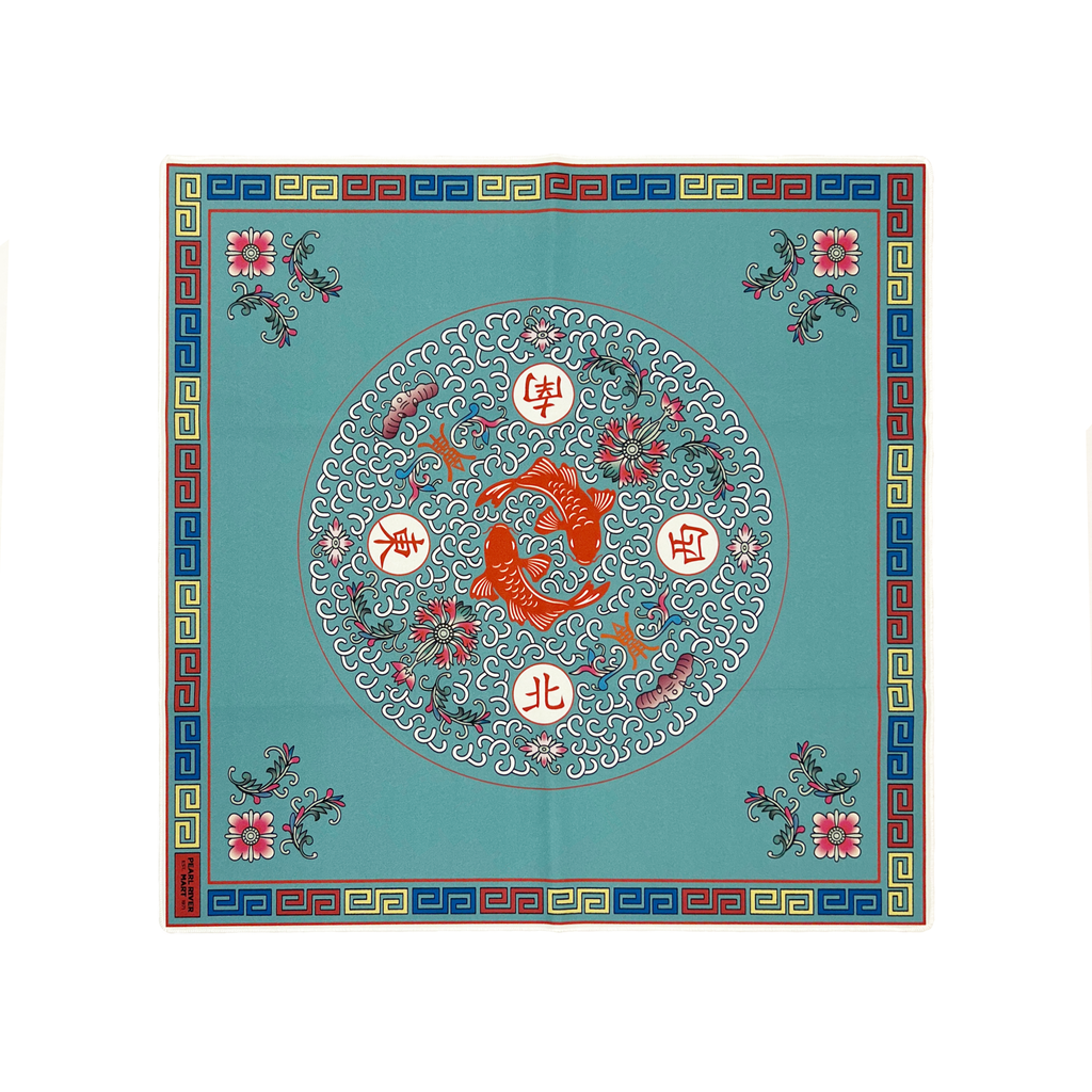 Teal Mahjong Mat with Red Double Fish, Bats, and Flowers