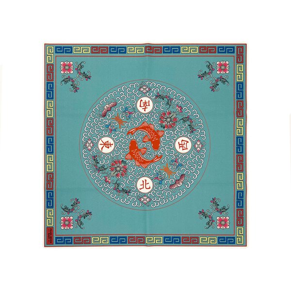 Decorative mat with Chinese characters and floral patterns on a blue background