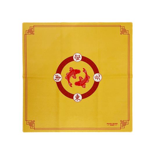 Yellow mahjong mat with red and white design featuring two fish and Chinese characters on a white background.