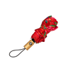 Red floral umbrella with wooden handle on a white background