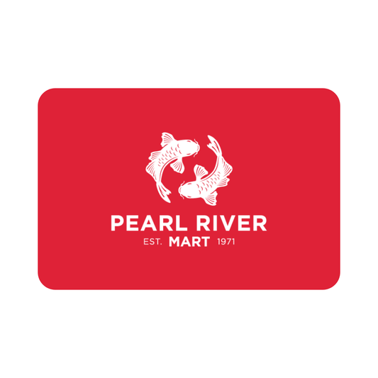 Red card with Pearl River Mart logo featuring two fish on a white background