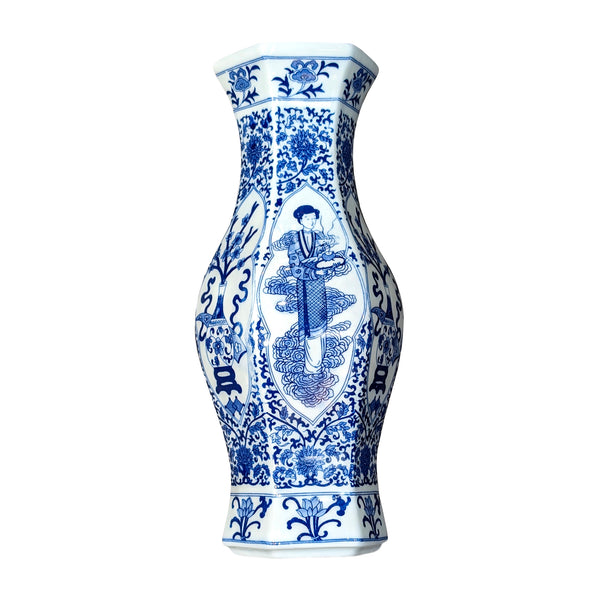 Begonia Shape Wall Vase - Blue on White Lady and Floral Design