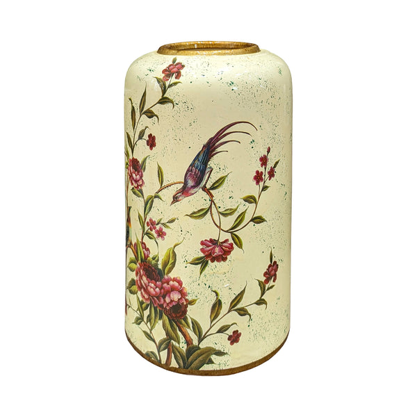 Cylinder Vase with Bird and Flowers - Cream