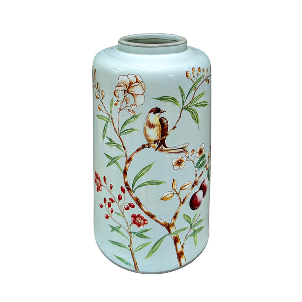 Cylinder Vase with Bird and Flowers - Gray