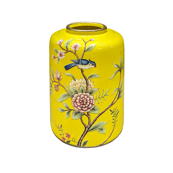 Cylinder Vase with Bird and Flowers - Yellow