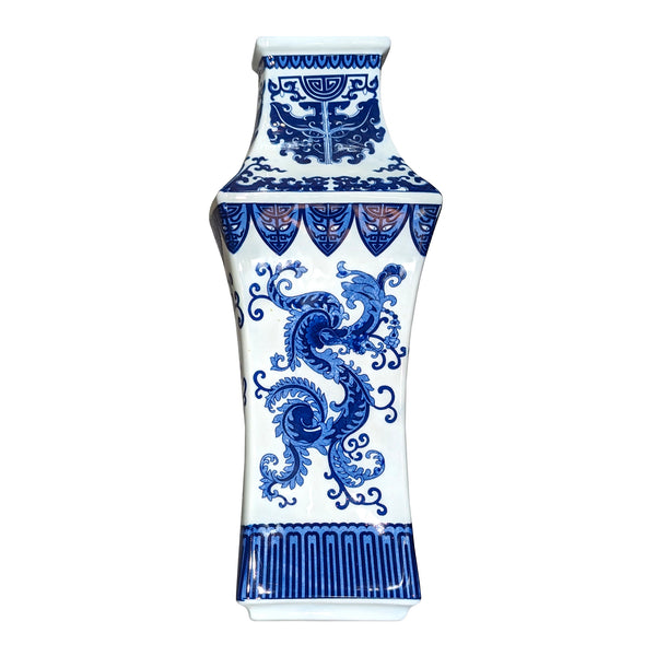 Square Shape Wall Vase - Blue on White Phoenix Tail Design