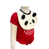 Red outfit with panda bib on a mannequin against a white background