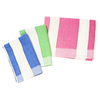 Blue, green, and pink striped towels with pink unfolded