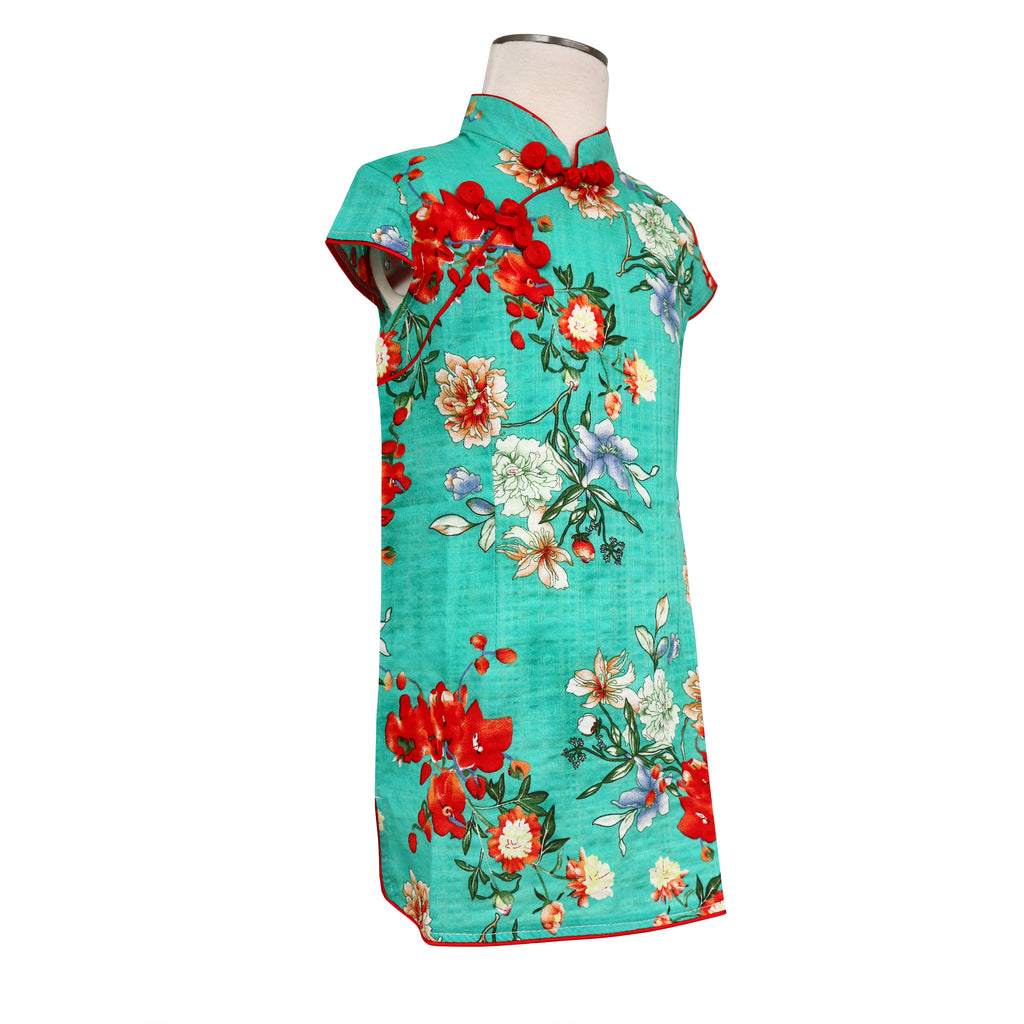 Girls Printed Qipao - Aquamarine with Floral Pattern