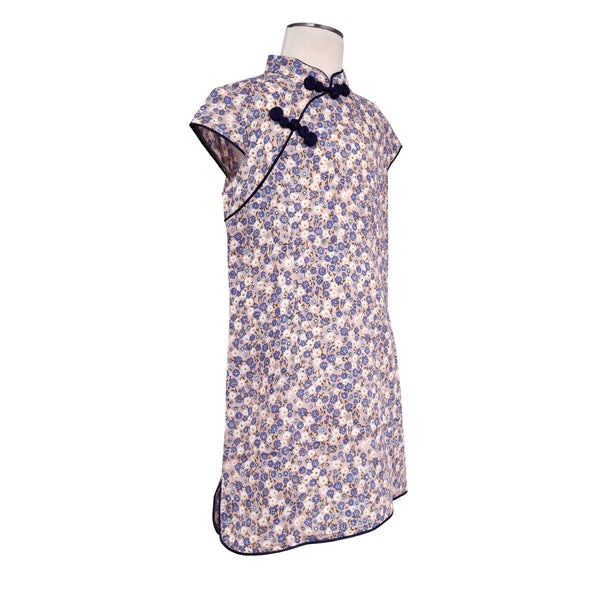 Girls Printed Qipao - Blue and White Floral