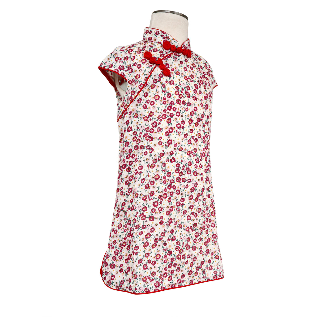 Girls Printed Qipao - White with Red Floral Pattern