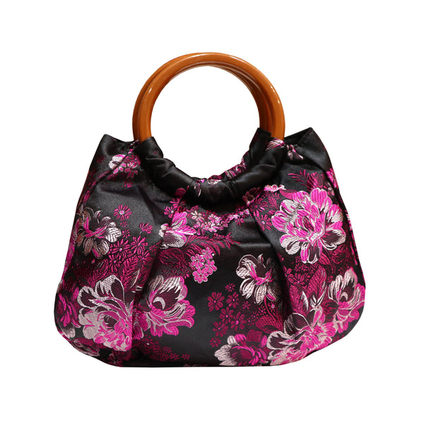 Purse with Round Wooden Handle and Pink and Purple Flowers - Black