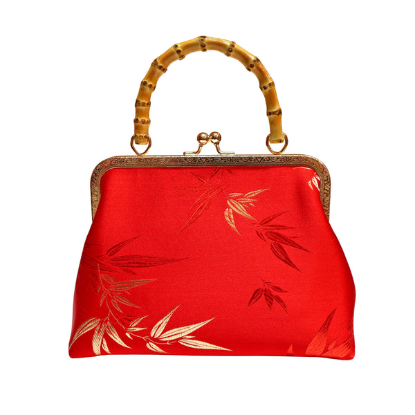Purse with Bamboo Handle and Bamboo Leaf Pattern red