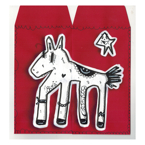 Red envelope with a black and white illustration of a horse on a white background