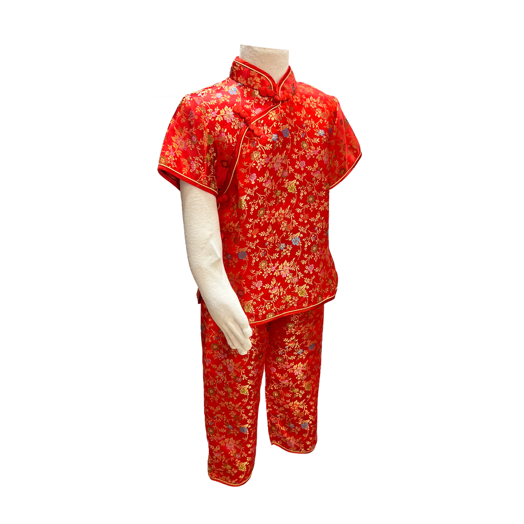 Red Wild Flower Brocade Kids Outfit