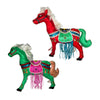 Two colorful horse-shaped soft figurines, one red and one green, on a white background.