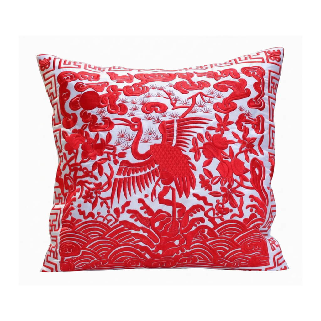 Deluxe Embroidered Cushion Cover with Crane Design (Various Colors)