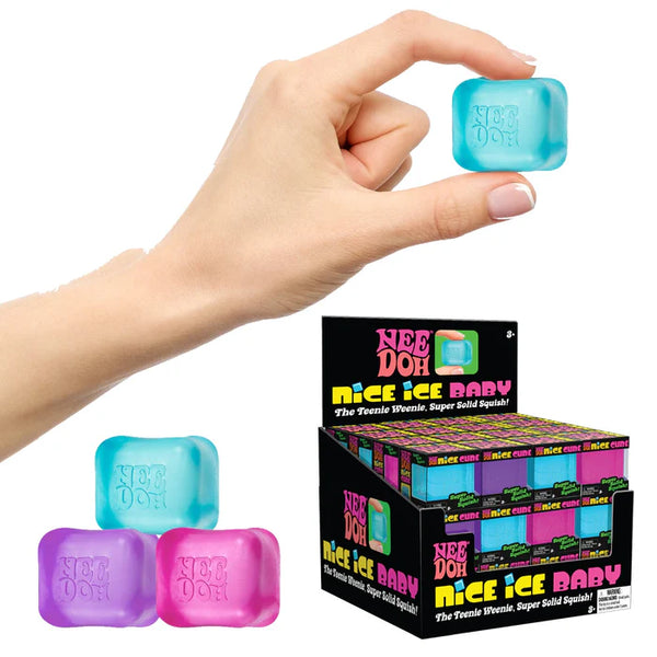 Hand holding a blue 'Nice Ice Baby' product with packaging in the background