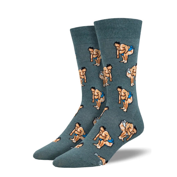 Pattern of sumos squatting on blue heather socks