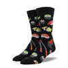 Men's Sushi Novelty Socks: Black socks with various sushi-related illustrations for a pattern
