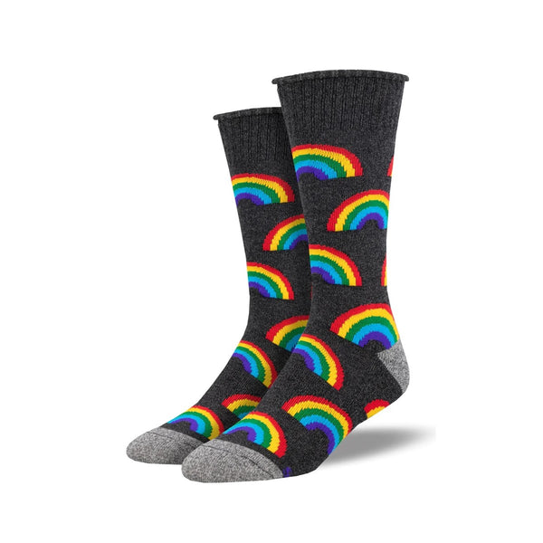 Charcoal socks with a roll-up cuff and a gray heel and toe. Rainbows pattern the sock.