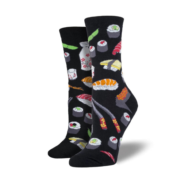 Women's Sushi Novelty Socks: Black socks with various sushi-related illustrations for a pattern