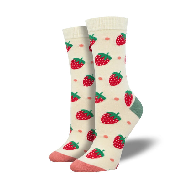 Strawberry Delight Novelty Socks: Ivory socks with small illustrated strawberries and pink polka-dots