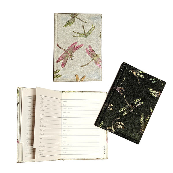 Dragonfly Brocade Address Book in champagne and olive green. One address book is opened.