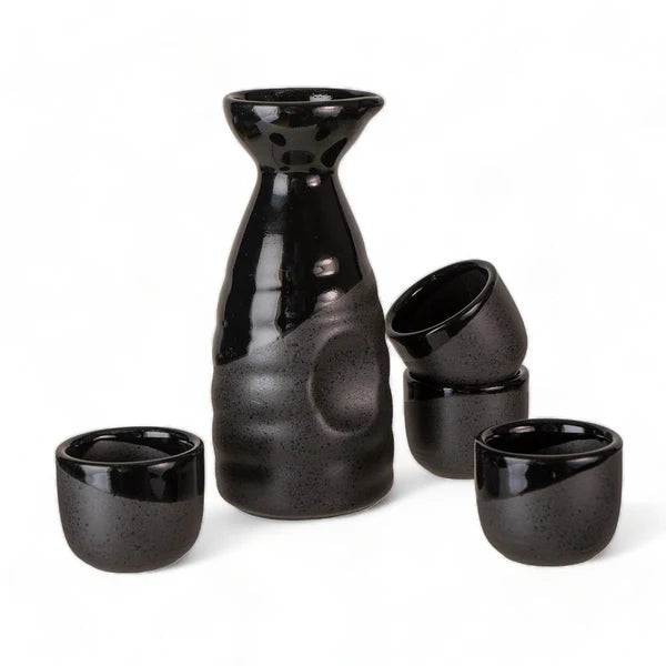 Black Gloss Sake Bottle and 4 Cups Gift Set