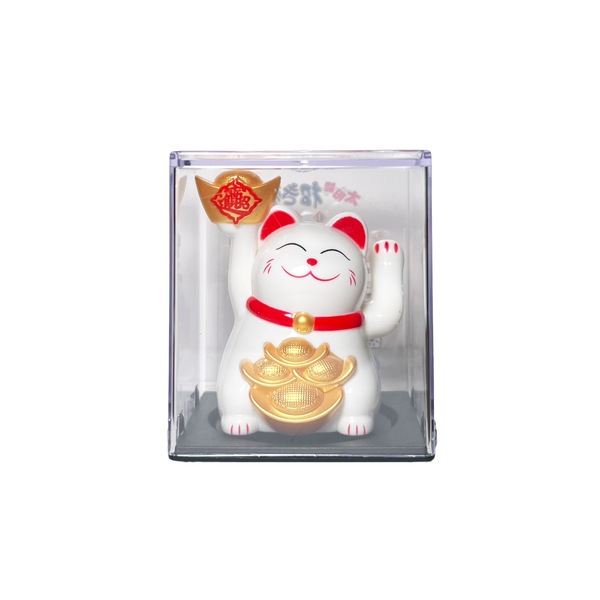 2.5 Inch Solar Power Lucky Cat - White with Ingot
