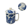 Ceramic mug with blue floral design and matching lid on a white background