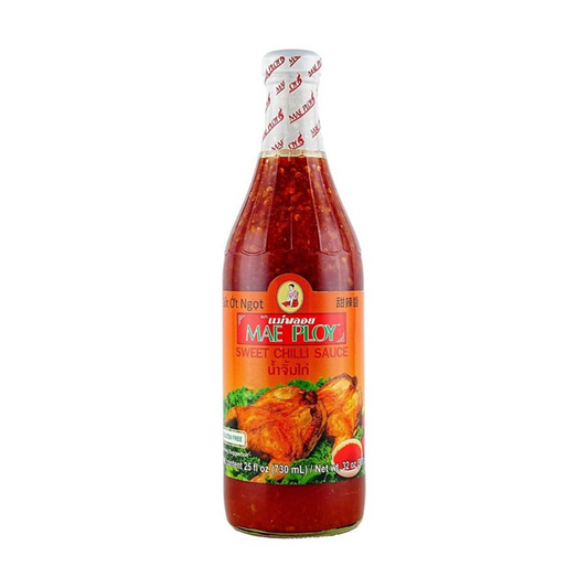 Bottle of Mae Ploy Sweet Chilli Sauce on a white background