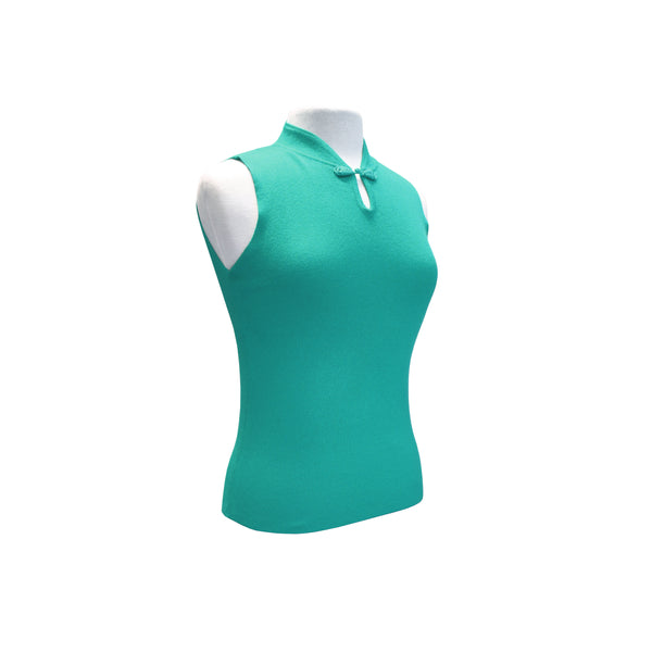 Sleeveless Knit Top with Pankou Buttons - Green