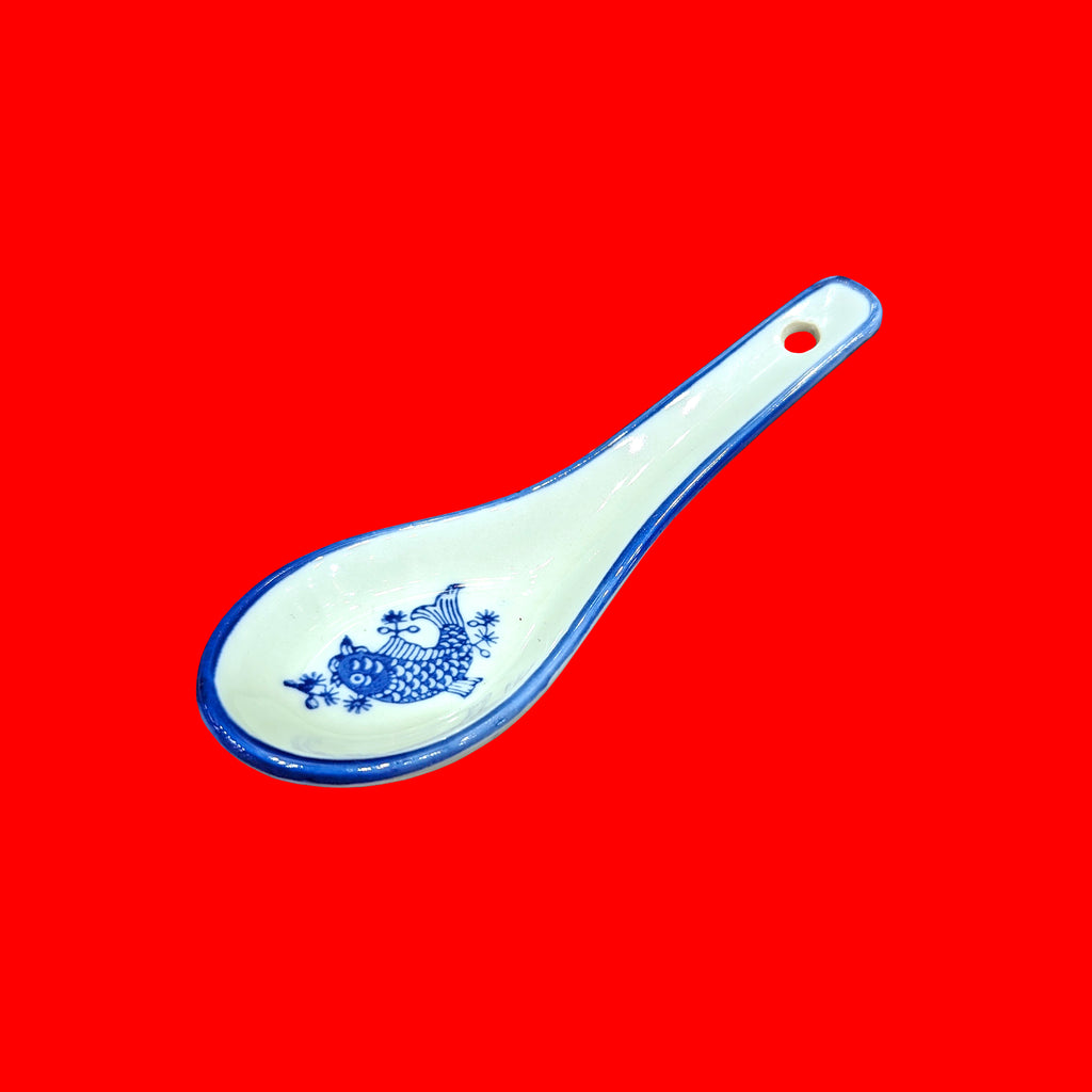 Blue on White Carp Design Ceramic Soup Spoon