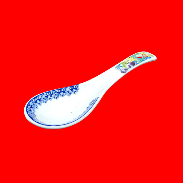 Engraved Ceramic Soup Spoon - Blue-Edged Bowl and Floral Handle