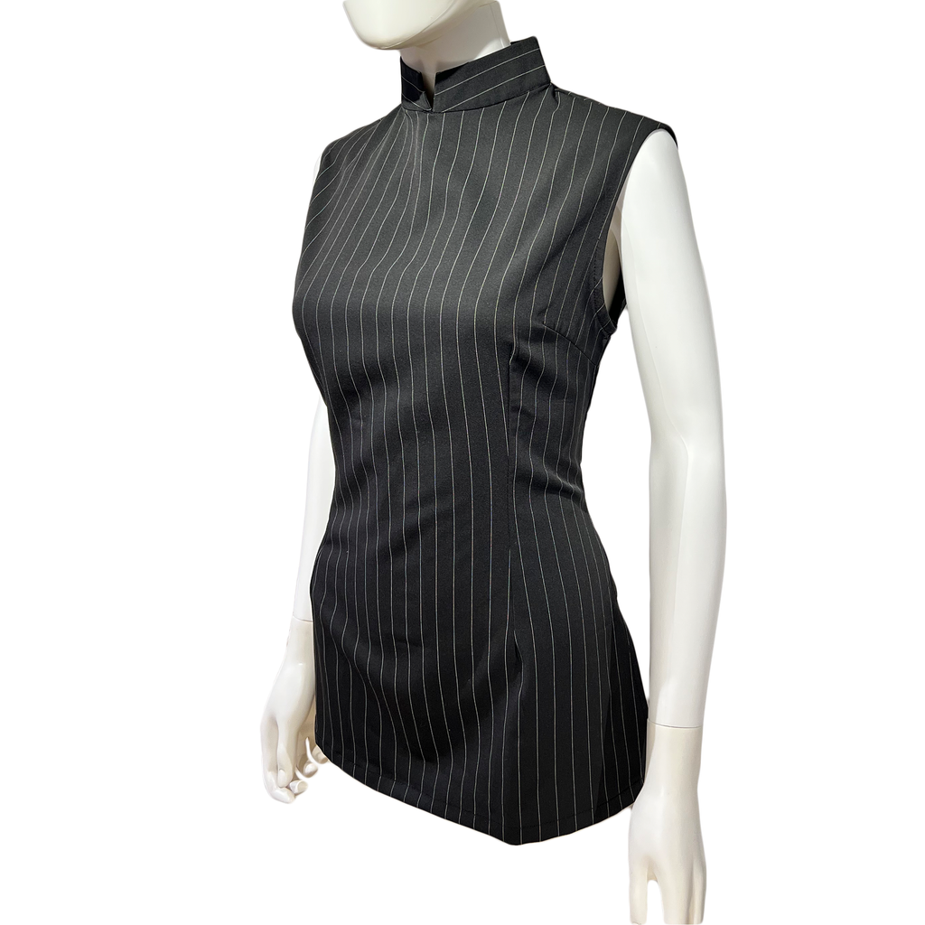 Sleeveless Pinstripe Qipao Top with Mandarin Collar