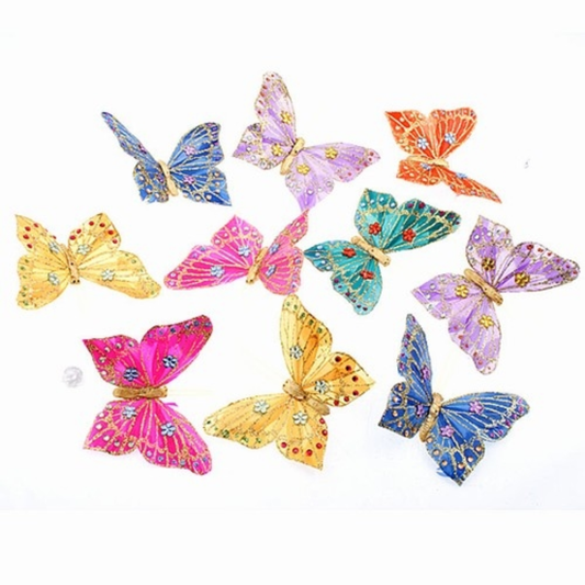 Colorful butterfly-shaped decorative items on a white background