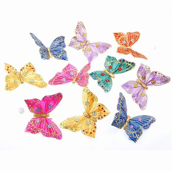 Colorful butterfly-shaped decorative items on a white background