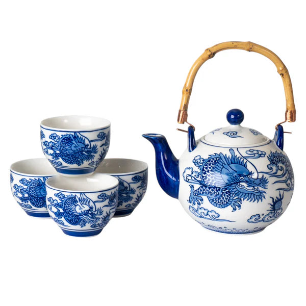 Blue and Whtie  Ryu Dragon Tea Set - Round shaped teapot